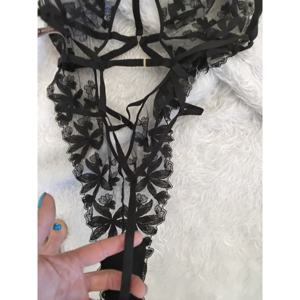 Victoria's Secret Black Floral Embroidered Mesh Strappy Teddy Bodysuit Large - Picture 5 of 5